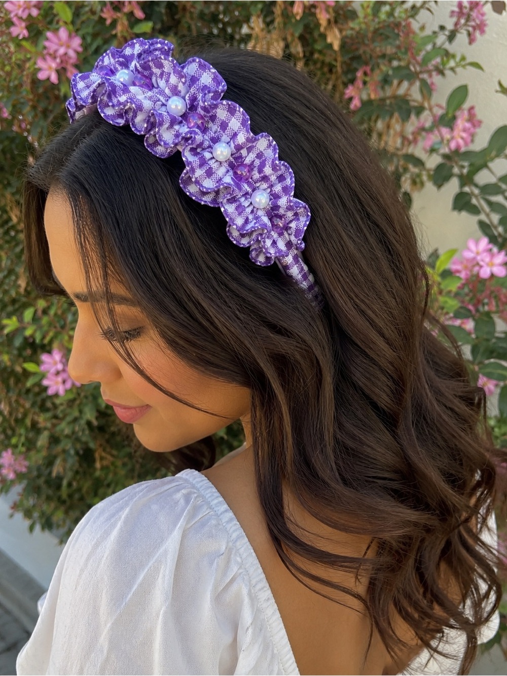 Lilac Gingham Ruffled Beaded Headband - Hand Crafted